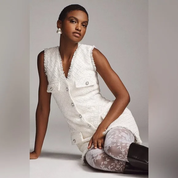 BHLDN Anthropologie Sleeveless Tweed Dress Pearl Embellished Fringed Trim NWOT - Picture 4 of 11